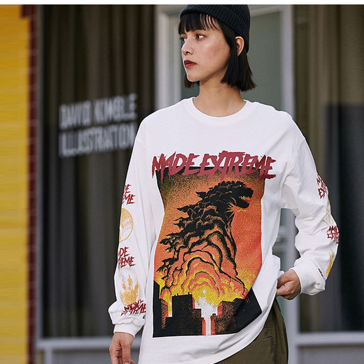 Aelfric 2019 Japan Style Tops Monster Printed T-shirt Women Summer Long Sleeve Hip Hop Cotton T Shirt Harajuku Streetwear Tshirt
